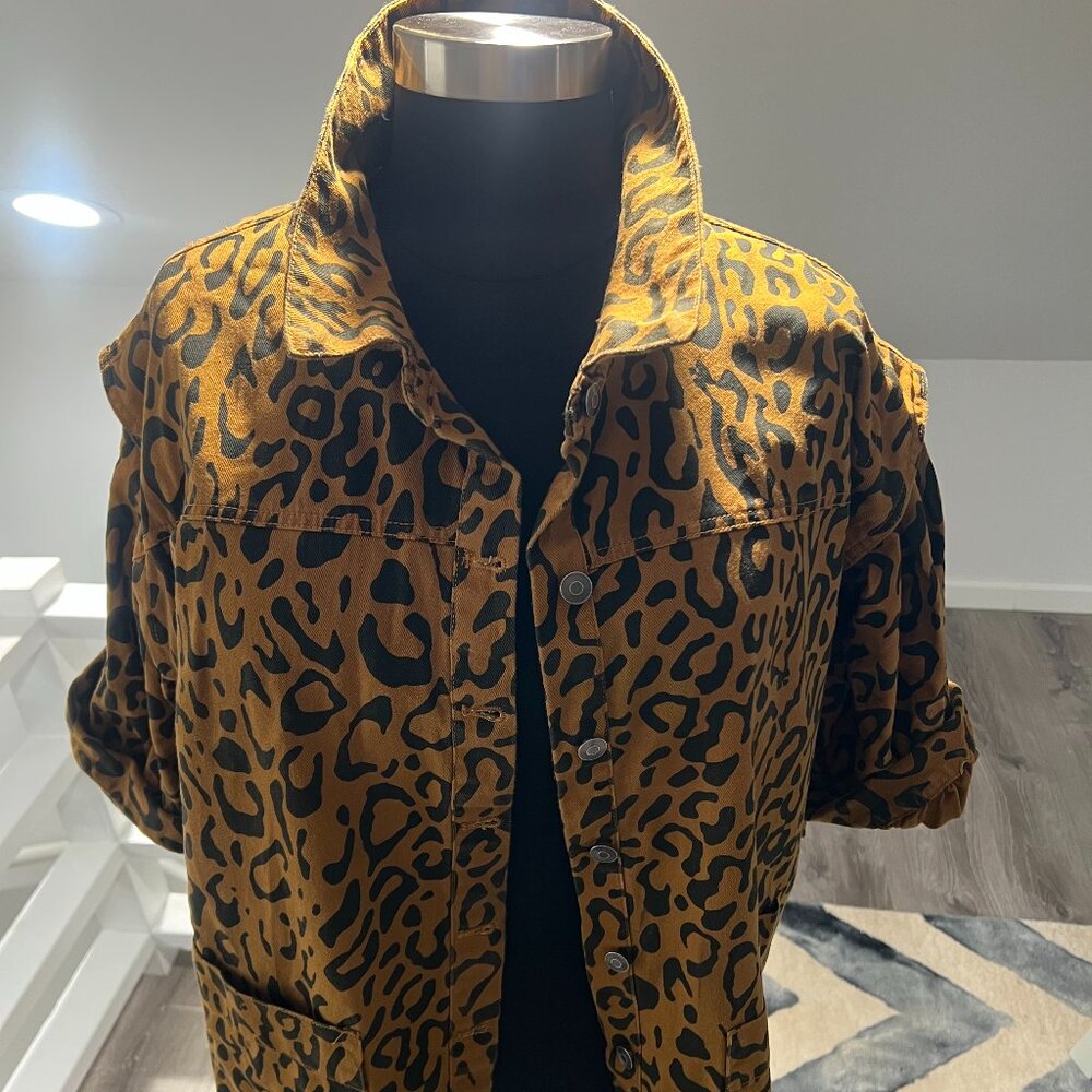 Future Collective Cheetah Print Denim Longline Jacket - Size 16W-18W